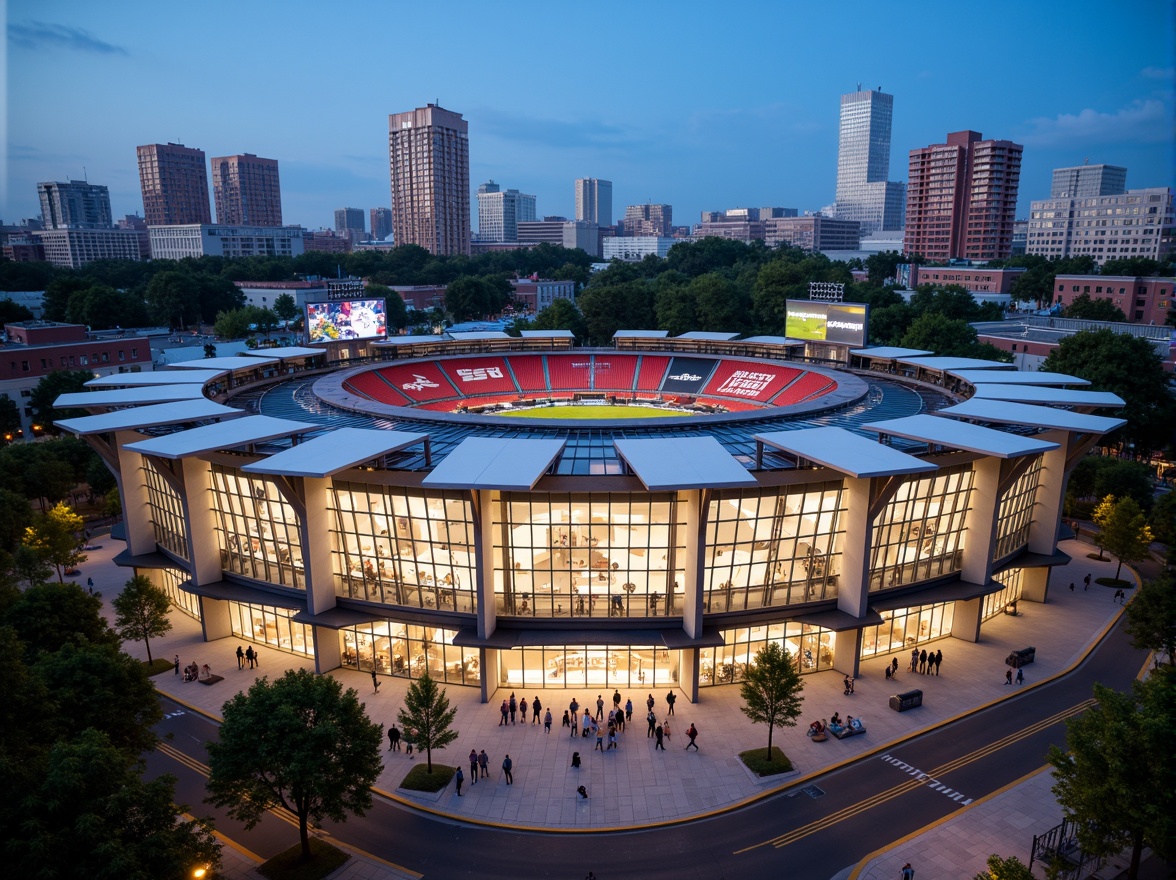 Prompt: Sleek stadium design, transparent fa\u00e7ade, abundant natural light, minimal structural columns, open-air concourses, clear sightlines, unobstructed views, cantilevered roofs, modern minimalist aesthetic, polished concrete floors, exposed ductwork, industrial-style lighting, vibrant team colors, dynamic LED displays, urban cityscape backdrop, bustling streets, crowded sidewalks, evening twilight atmosphere, warm golden lighting, shallow depth of field, 2/3 composition, symmetrical framing.