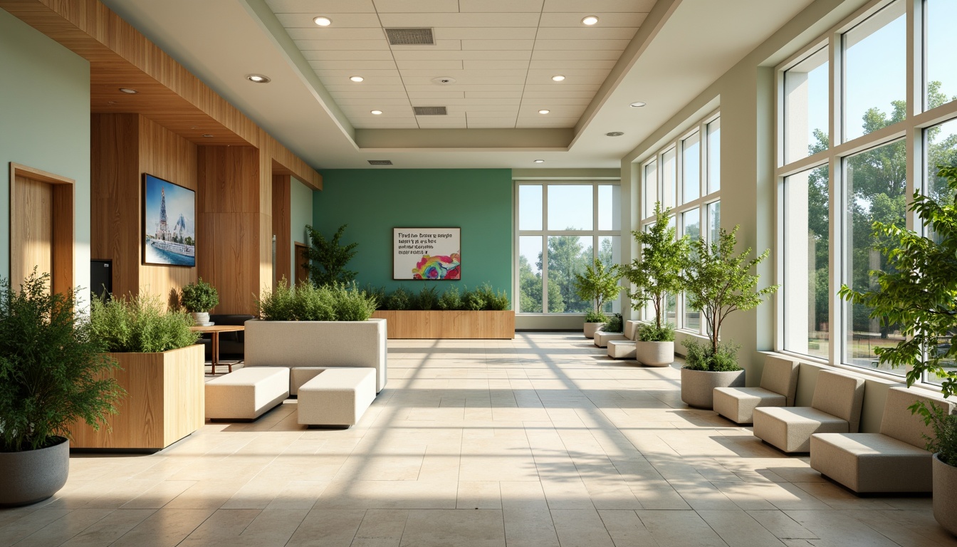 Prompt: Calming rehabilitation center, soothing color scheme, gentle lighting, natural wood accents, comfortable seating areas, peaceful aquariums, lush green walls, vibrant artwork, uplifting quotes, warm beige floors, soft pastel colors, calming blue tones, serene atmosphere, minimalist decor, ample natural light, floor-to-ceiling windows, open spaces, organic textures, 1/1 composition, subtle shadows, realistic rendering.