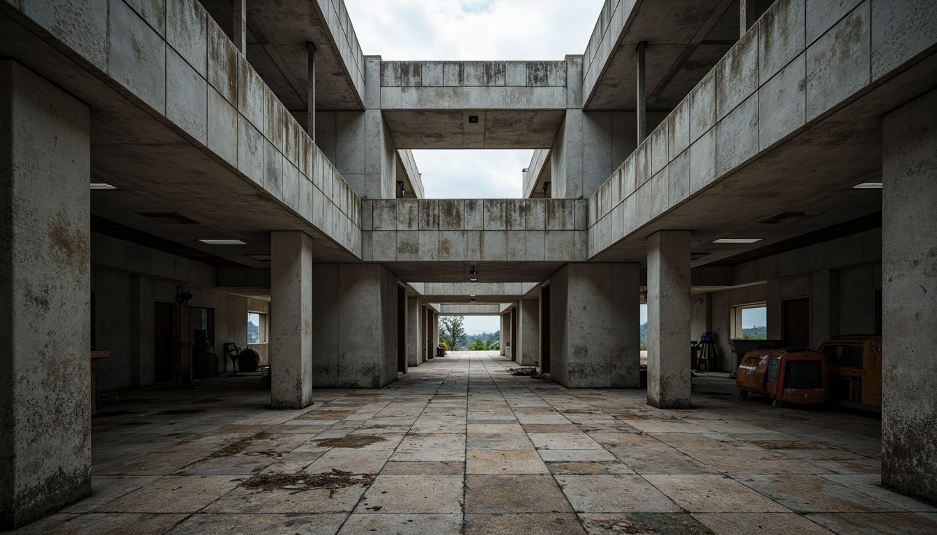 Prompt: Raw concrete walls, rugged stone floors, weathered steel beams, brutalist architecture, fortress-like structures, imposing geometric shapes, dramatic natural lighting, muted color palette, industrial materials, distressed wood accents, urban decay, abandoned landscapes, overcast skies, harsh shadows, high-contrast textures, atmospheric perspective, cinematic composition, gritty realism.