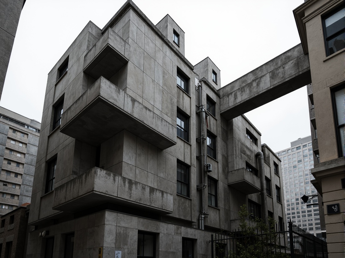 Prompt: Rugged concrete buildings, fortress-like structures, dramatic cantilevers, raw exposed ductwork, industrial materials, brutalist architecture, bold geometric forms, monumental scale, urban cityscape, overcast sky, harsh natural light, high contrast shadows, abstract sculptures, fragmented patterns, distressed textures, monochromatic color palette, stark atmosphere, cinematic composition, low angle shot, dramatic chiaroscuro.