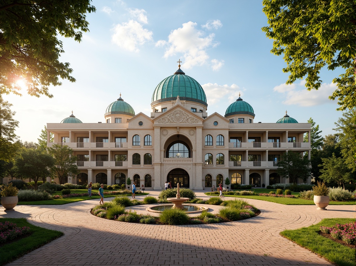 Prompt: Majestic Byzantine-style middle school building, ornate stone carvings, vibrant turquoise domes, lush greenery, blooming flower beds, curved walkways, rustic brick pavement, mature trees, sprawling lawn, sunny afternoon, warm golden lighting, shallow depth of field, 3/4 composition, panoramic view, realistic textures, ambient occlusion, educational signage, outdoor classrooms, seating areas, shaded courtyards, water features, meandering paths, Mediterranean-inspired planters.