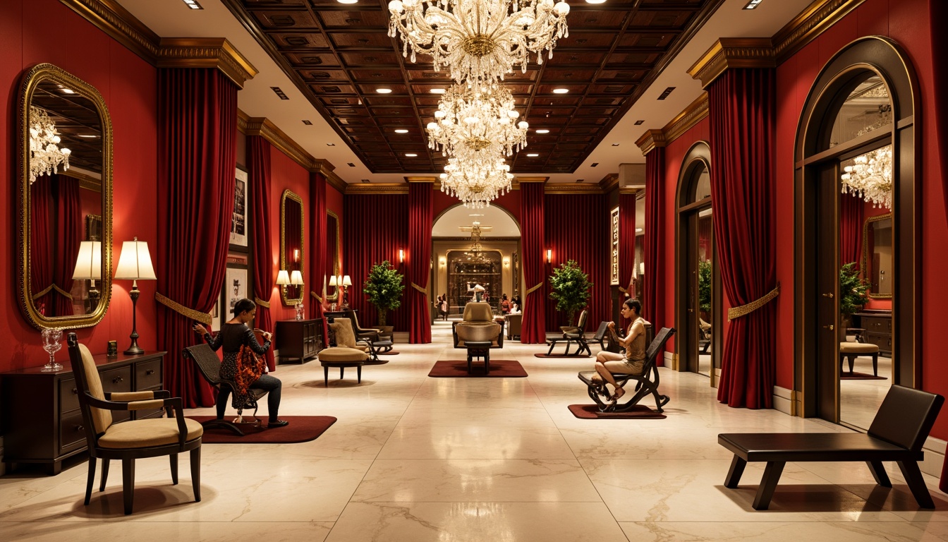 Prompt: Luxurious fitness studio, rich wood accents, ornate mirrors, grand chandeliers, velvet drapes, bold red walls, metallic gold trim, creamy marble floors, dramatic archways, intense spotlights, warm golden lighting, 3/4 composition, shallow depth of field, realistic textures, ambient occlusion.