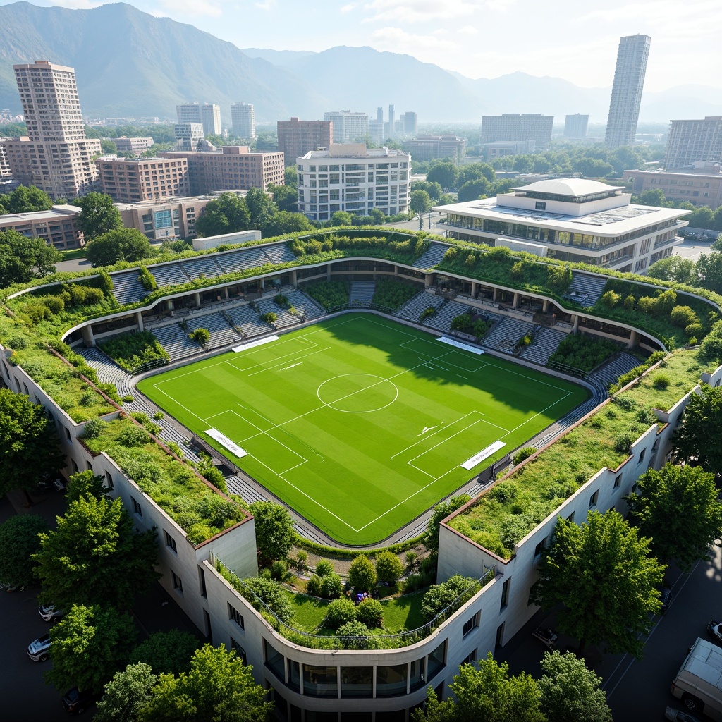 Prompt: Eco-friendly football stadium, lush green roofs, solar panels, wind turbines, rainwater harvesting systems, recycled materials, natural ventilation systems, energy-efficient LED lighting, green walls, living fa\u00e7ades, organic food waste composting, recyclable waste management, sustainable transportation options, bicycle parking facilities, electric vehicle charging stations, modern minimalist architecture, angular lines, open-air concourses, panoramic views, shallow depth of field, 3/4 composition, realistic textures, ambient occlusion.