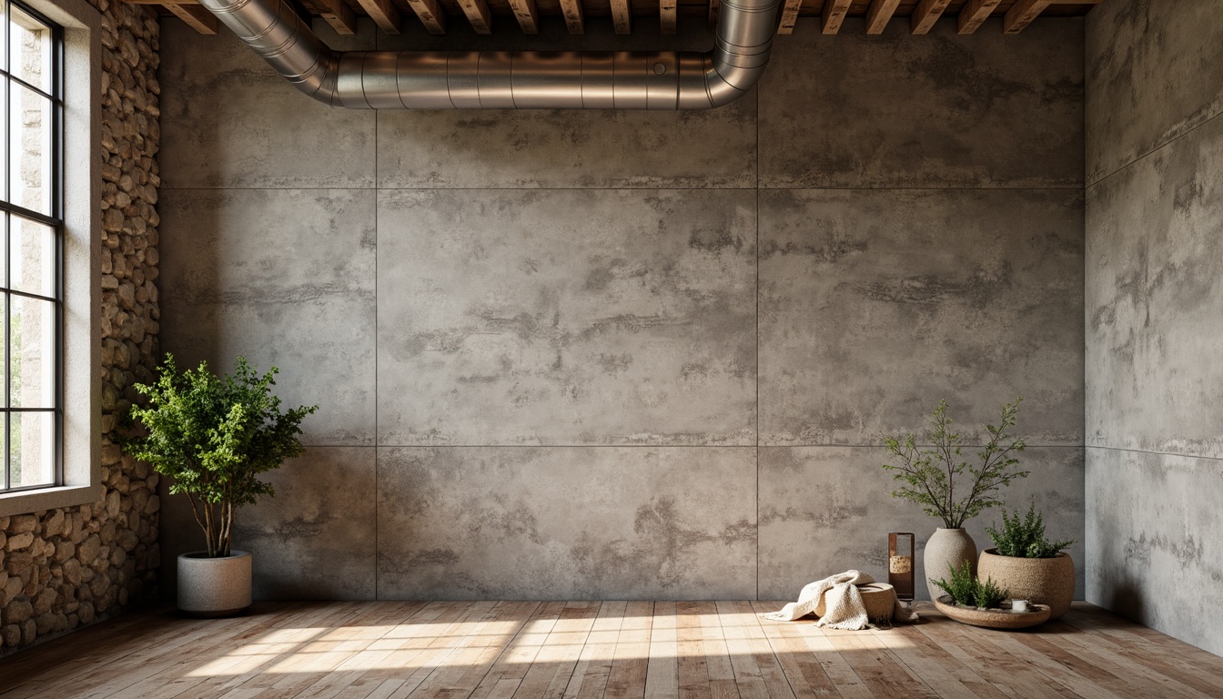 Prompt: Rustic textured walls, rough-hewn concrete surfaces, earthy color palette, natural stone accents, industrial chic aesthetic, urban loft atmosphere, exposed ductwork, metal beams, reclaimed wood floors, modern minimalist decor, softbox lighting, warm neutral tones, 1/2 composition, shallow depth of field, realistic textures, ambient occlusion.