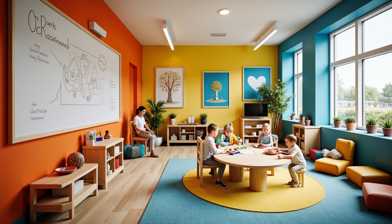 Prompt: Vibrant kindergarten interior, playful color scheme, interactive whiteboards, educational toys, circular reading nooks, cozy carpeted floors, natural wooden tables, ergonomic chairs, stimulating artwork, creative corners, collaborative learning zones, soft ambient lighting, shallow depth of field, 1/1 composition, realistic textures, ambient occlusion.