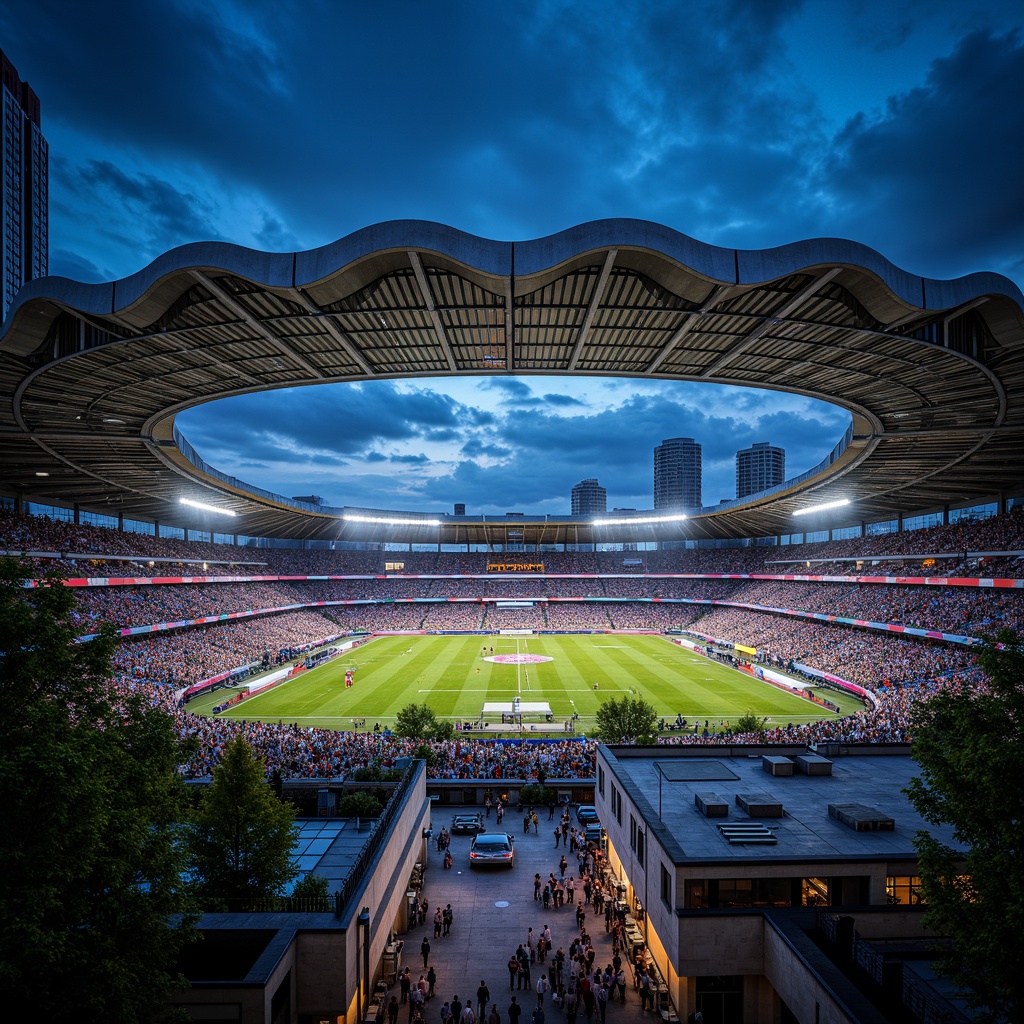 Prompt: Vibrant football stadium, angular steel beams, cantilevered roofs, massive concrete pillars, dynamic curvilinear lines, sleek glass fa\u00e7ades, bold geometric patterns, intense floodlighting, dramatic shadows, urban cityscape, bustling streets, excited crowds, sports event atmosphere, 3/4 composition, low-angle shot, high-contrast lighting, detailed textures, ambient occlusion.