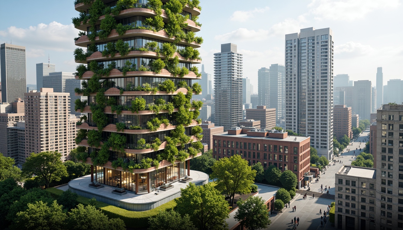 Prompt: Eco-friendly skyscraper, green roofs, solar panels, wind turbines, rainwater harvesting systems, recycled materials, low-carbon footprint, natural ventilation, maximized daylight, energy-efficient lighting, living walls, urban gardens, biodiversity conservation, minimal waste generation, recyclable building components, sustainable urban planning, pedestrian-friendly infrastructure, electric vehicle charging stations, public transportation hubs, vibrant green spaces, airy atriums, abundant natural light, soft diffused illumination, 3/4 composition, panoramic cityscape.