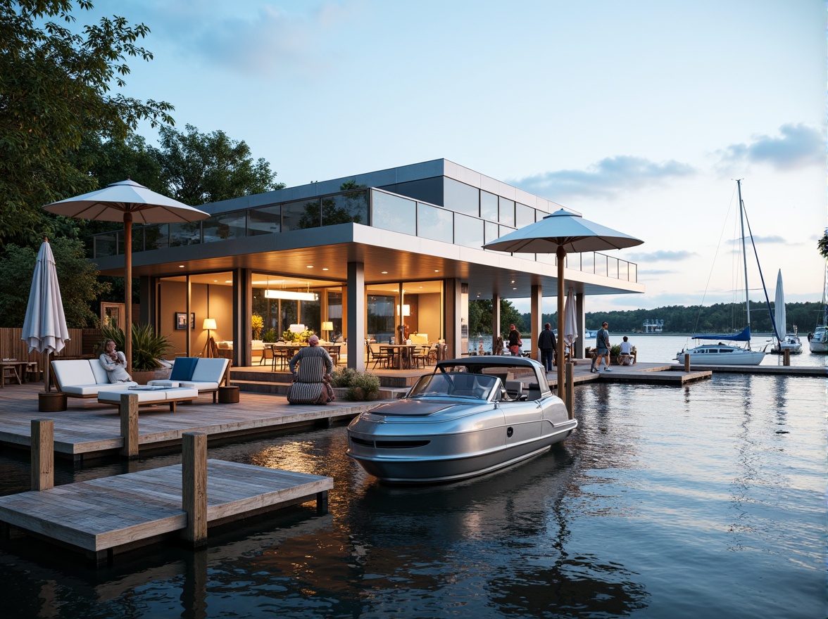 Prompt: Waterfront location, serene lake views, wooden dock, sailboats, modern boathouse, international style facade, clean lines, minimal ornamentation, rectangular forms, large windows, sliding glass doors, natural wood accents, metal roofing, cantilevered decks, outdoor seating areas, nautical-themed decor, warm lighting, shallow depth of field, 3/4 composition, realistic textures, ambient occlusion.