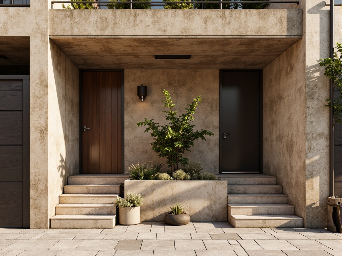 Prompt: Rustic building facade, plastered concrete walls, earthy tones, natural textures, rough finishes, urban architecture, modern design, minimalist aesthetic, industrial chic, exposed ductwork, polished metal accents, warm lighting, shallow depth of field, 2/3 composition, realistic rendering, ambient occlusion.