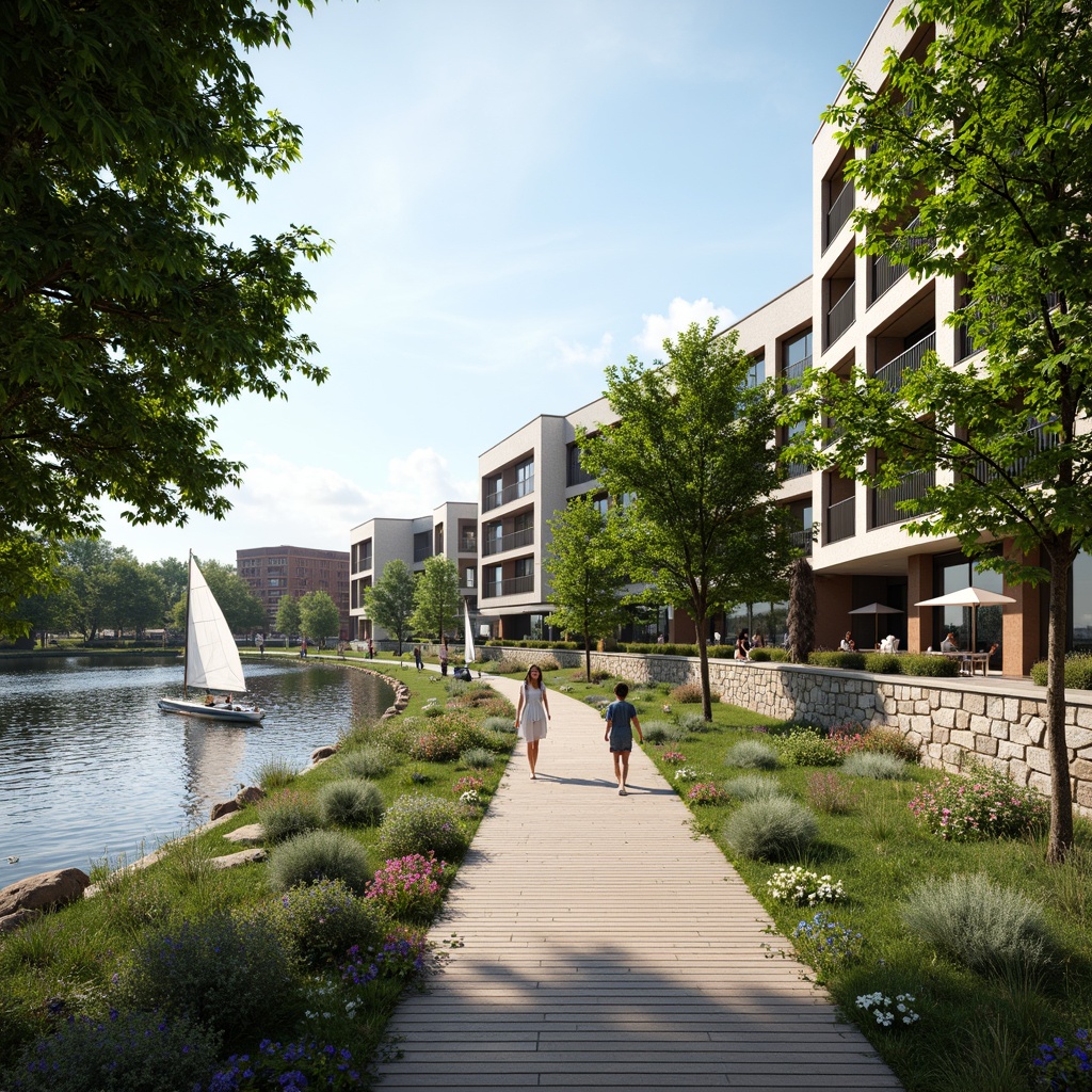 Prompt: Riverbank promenade, lush green vegetation, natural stone walls, meandering waterways, wooden docks, sailboats, serene atmosphere, warm sunlight, shallow depth of field, 1/1 composition, realistic textures, ambient occlusion, modern minimalist architecture, large glass windows, sliding doors, outdoor seating areas, eco-friendly materials, sustainable design principles, organic curves, natural harmony, vibrant flowers, rustling leaves, soft breeze, peaceful ambiance.