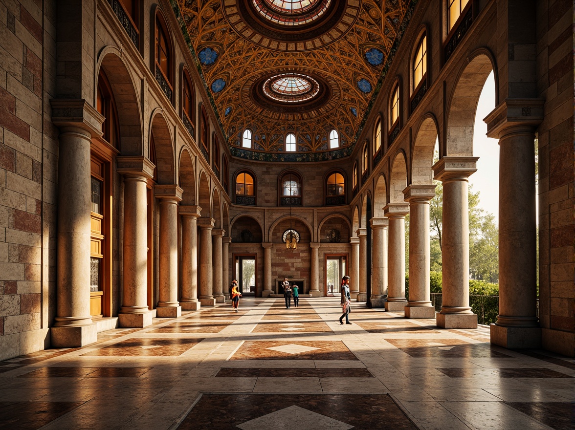 Prompt: Ancient Byzantine architecture, ornate stone carvings, intricate mosaics, richly textured brickwork, grand domed structures, arched windows, vibrant stained glass, ornamental columns, luxurious marble floors, rustic stone walls, warm golden lighting, high contrast shadows, 1/1 composition, symmetrical framing, detailed textures, ambient occlusion.