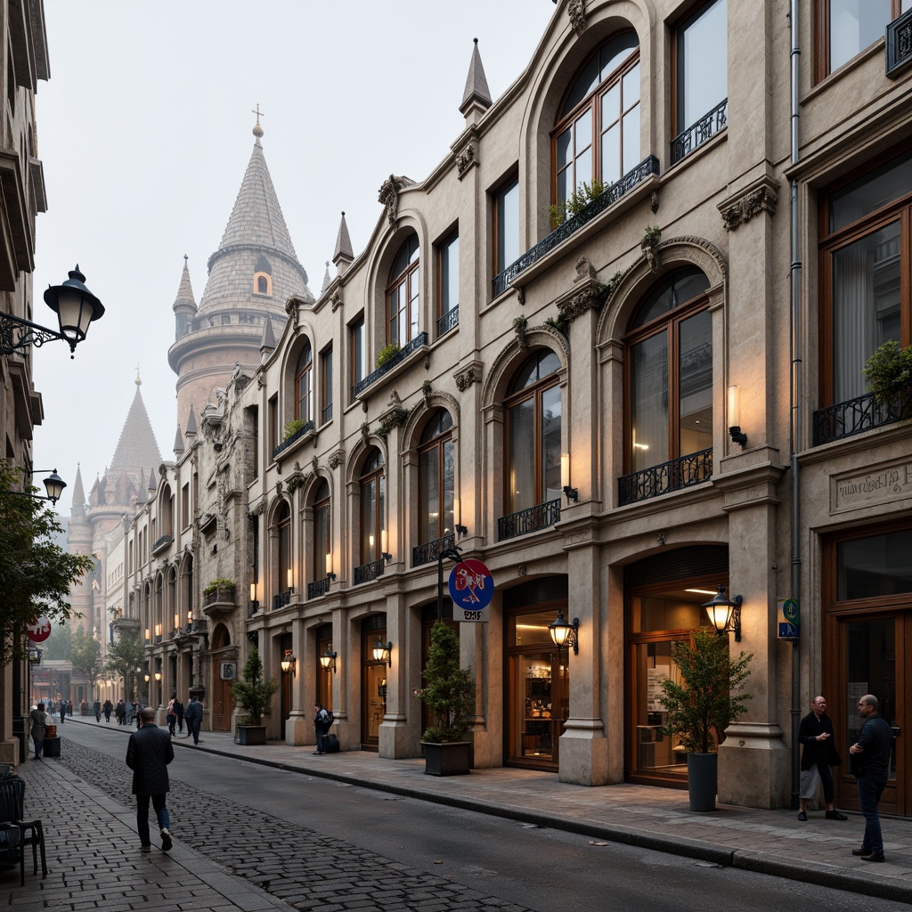 Prompt: Ornate Gothic spires, grandiose arches, intricate stone carvings, stained glass windows, majestic wooden doors, ornamental metalwork, curved balconies, romantic-era inspired facades, vintage street lamps, cobblestone streets, misty morning atmosphere, warm soft lighting, shallow depth of field, 1/2 composition, realistic textures, ambient occlusion.