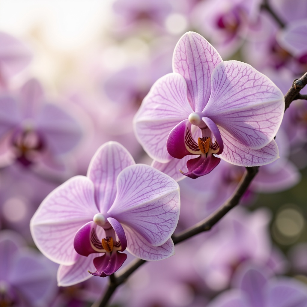 Prompt: Delicate orchid blooms, pastel purple hues, soft pink undertones, creamy whites, rich gold accents, velvety textures, subtle sheen, elegant lines, minimalist design, refined luxury, upscale atmosphere, sophisticated ambiance, warm sunny day, shallow depth of field, 1/1 composition, realistic renderings, ambient occlusion.