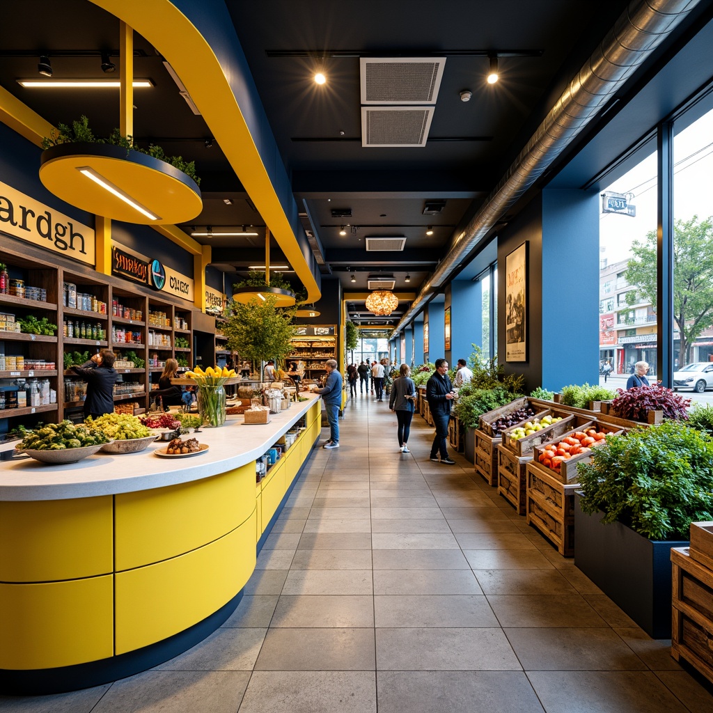 Prompt: Vibrant grocery store, bold color scheme, energetic atmosphere, warm yellow accents, deep blue shelves, earthy brown wooden crates, fresh green produce stands, creamy white marble countertops, industrial metal racks, neon signs, bustling city streets, morning sunlight, shallow depth of field, 1/1 composition, realistic textures, ambient occlusion.