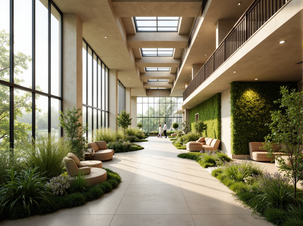 Prompt: Green office building, large windows, operable vents, clerestory roofs, natural light, cross ventilation, stack effect, wind towers, solar chimneys, earth tubes, green walls, living roofs, bamboo plants, open floor plan, minimalist decor, soft diffused lighting, warm beige tones, 1/1 composition, realistic textures, ambient occlusion.