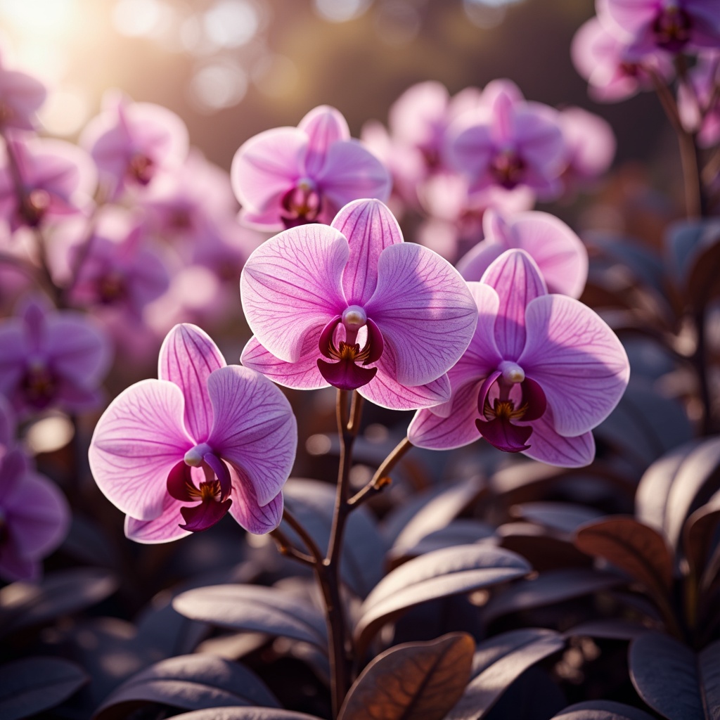 Prompt: Vibrant orchid flowers, delicate petals, soft pink undertones, rich purple hues, elegant luxurious feel, sophisticated modern design, sleek metallic accents, subtle gradient effects, warm golden lighting, shallow depth of field, 1/1 composition, realistic textures, ambient occlusion.