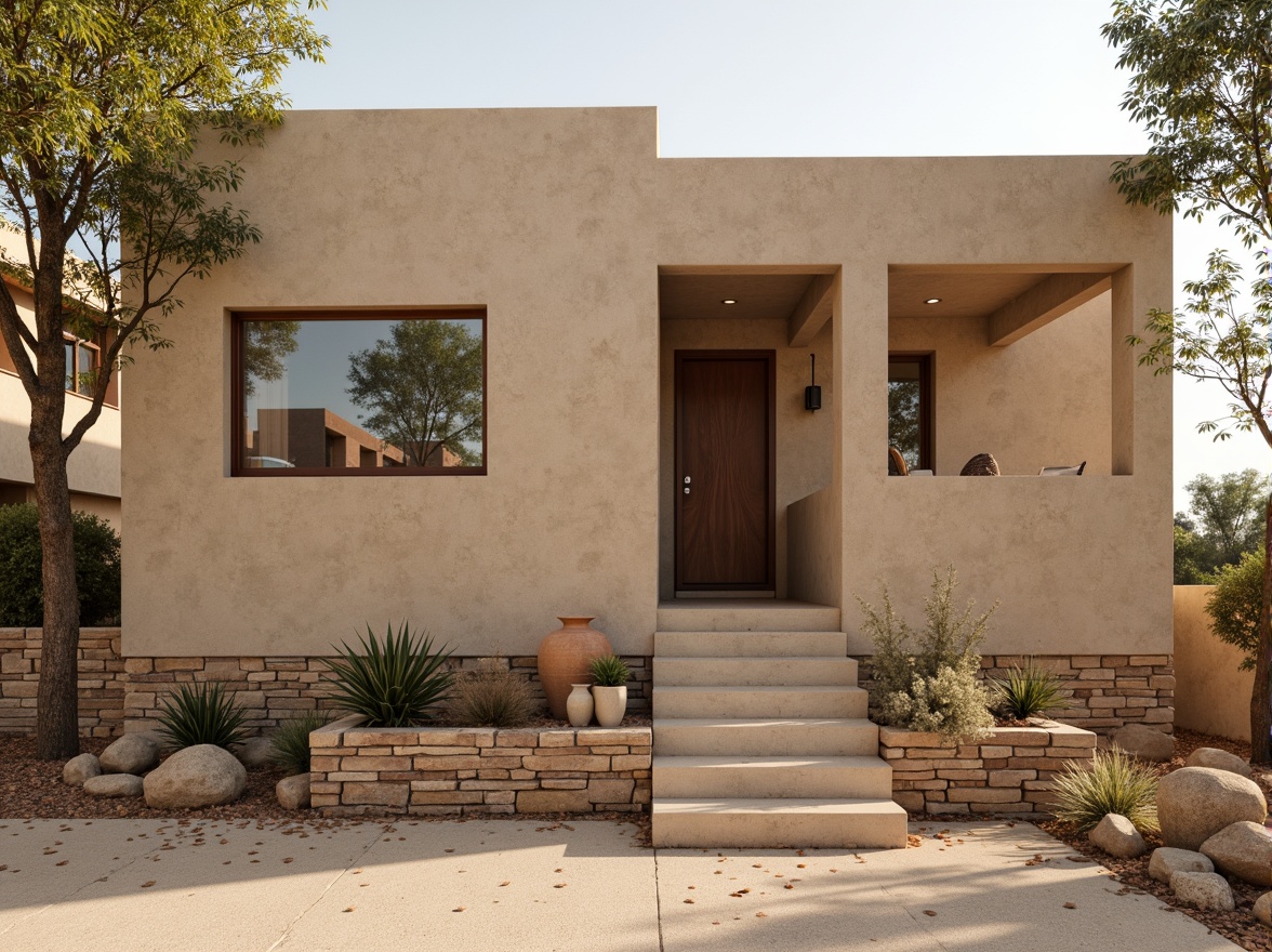 Prompt: Rustic building facade, textured plastered concrete walls, earthy tone colors, rough stone foundation, modern minimalist architecture, clean lines, simple shapes, natural light, soft warm ambiance, shallow depth of field, 3/4 composition, realistic textures, ambient occlusion.