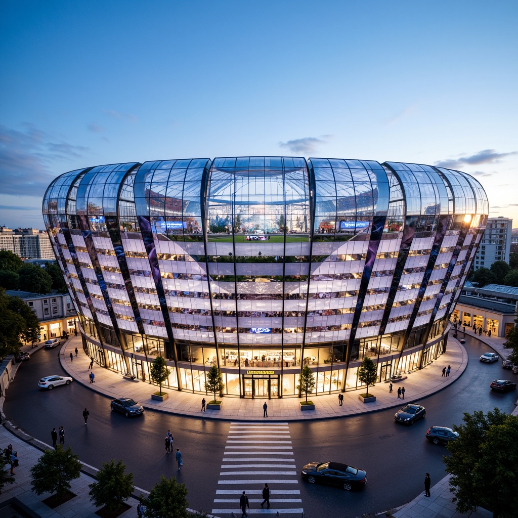 Prompt: Transparent stadium fa\u00e7ade, sleek modern architecture, gleaming glass surfaces, cantilevered roofs, open-air concourses, vibrant LED lighting, dynamic crowd scenes, urban cityscape background, bustling streets, clear blue sky, warm sunny day, shallow depth of field, 3/4 composition, panoramic view, realistic textures, ambient occlusion, comfortable seating areas, state-of-the-art sound systems, retractable roofs, innovative ventilation systems, sustainable building materials, eco-friendly design elements.