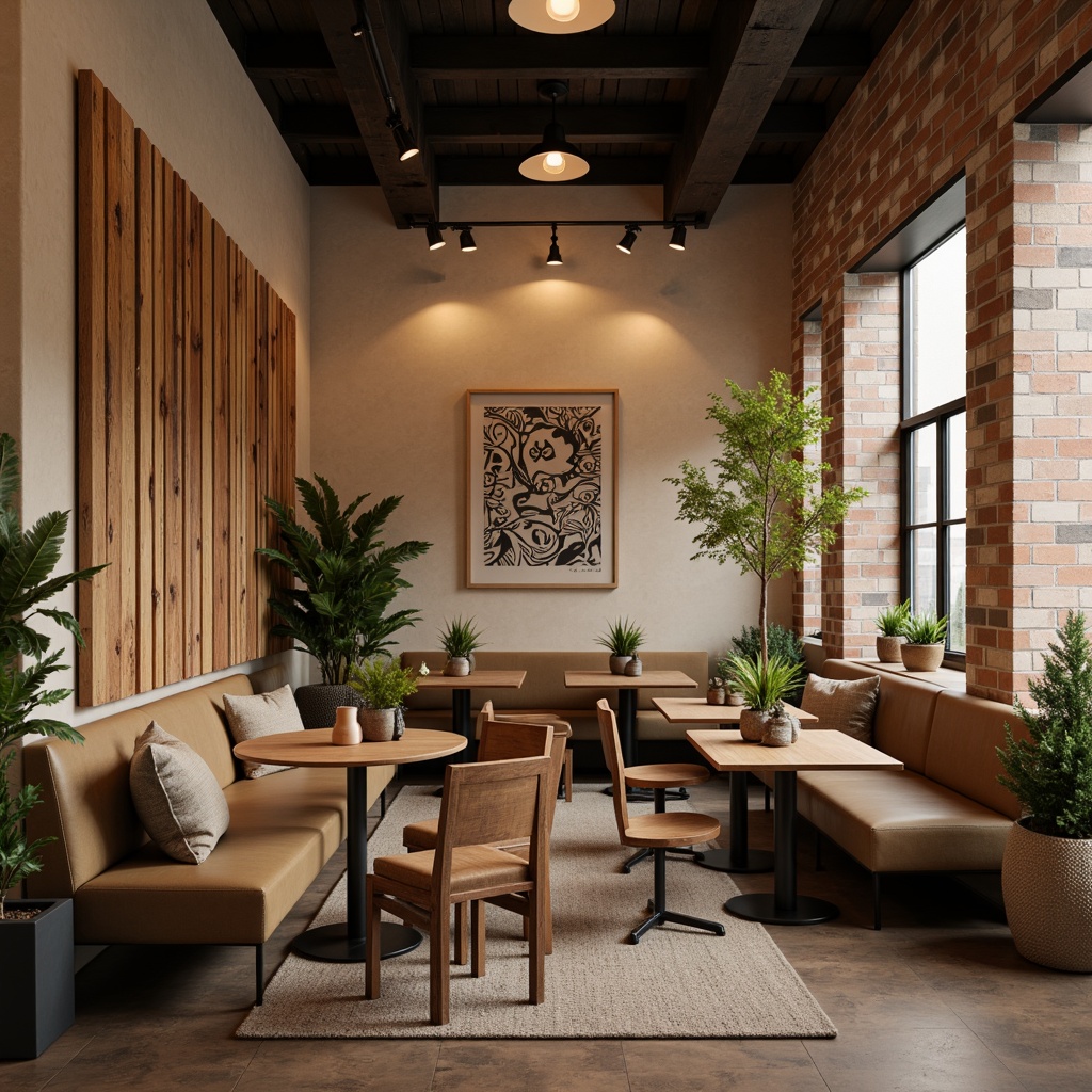 Prompt: Cozy coffee shop interior, warm beige walls, reclaimed wood accents, comfortable seating areas, plush sofas, wooden tables, metal chairs, pendant lighting, industrial decor, exposed brick walls, modern minimalist design, natural textiles, earthy color palette, aromatic coffee scents, warm soft lighting, shallow depth of field, 1/1 composition, inviting atmosphere, rustic wood tones, decorative coffee-themed artwork, eclectic vintage accessories.