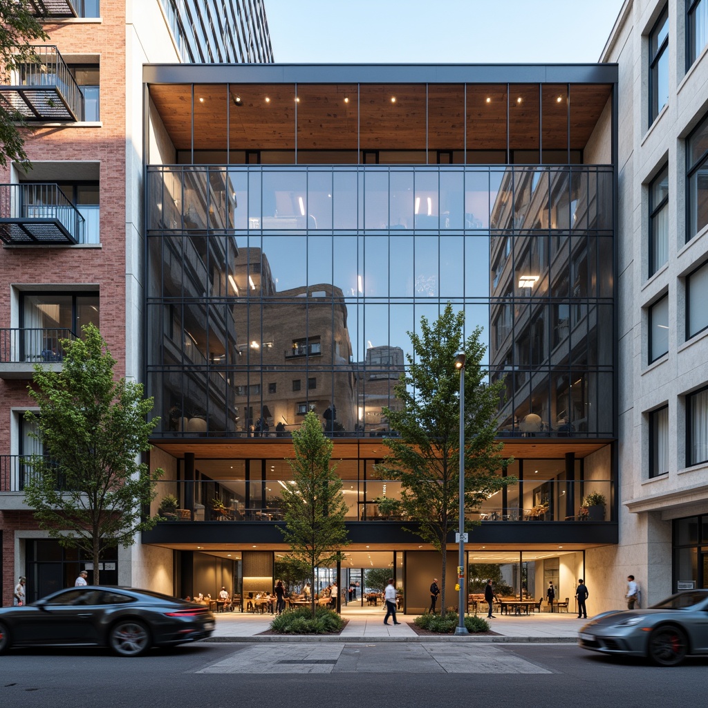 Prompt: Modern building facade, clean lines, minimalist aesthetic, steel beams, concrete columns, glass curtain walls, cantilevered roofs, open floor plans, industrial chic decor, reclaimed wood accents, exposed ductwork, metal staircases, urban cityscape, busy streets, morning sunlight, high contrast lighting, shallow depth of field, 2/3 composition, realistic textures, ambient occlusion.