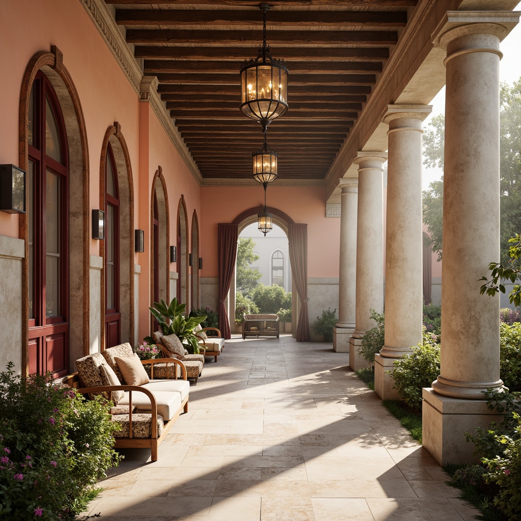 Prompt: Soft peach hues, warm beige tones, rich burgundy accents, muted gold leaf details, creamy white marble columns, weathered stone walls, ornate ironwork, delicate lace patterns, flowing drapery, grand chandeliers, warm candlelight, intimate courtyard spaces, lush greenery, blooming flowers, misty morning light, shallow depth of field, 1/1 composition, dreamy atmospheric effects, realistic textures.