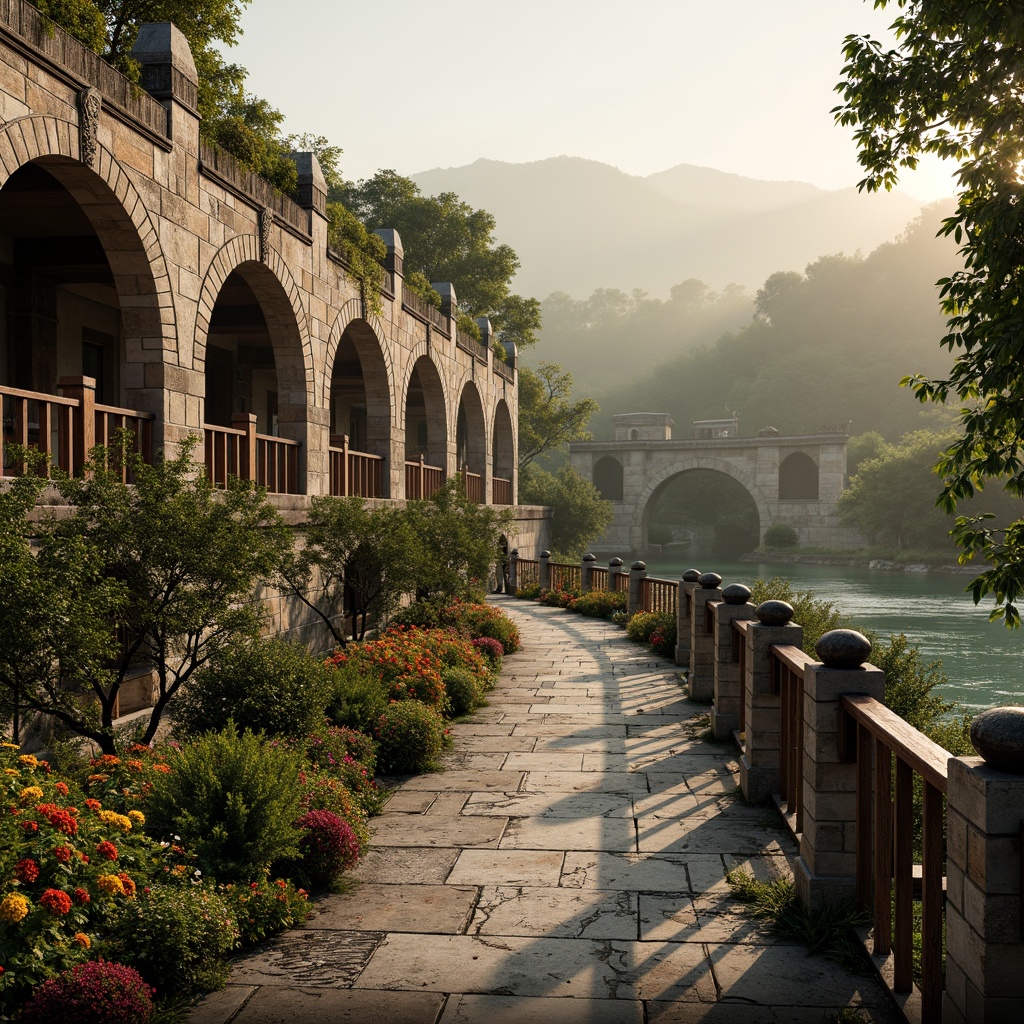 Prompt: Historic Byzantine bridge, ornate stone carvings, majestic arches, rustic wooden railings, scenic river views, lush greenery, vibrant flowers, misty atmosphere, warm golden lighting, shallow depth of field, 3/4 composition, panoramic view, realistic textures, ambient occlusion, water reflection, rippling effects, natural stone walkways, medieval-inspired architecture, intricate mosaic patterns, rich cultural heritage, serene ambiance.