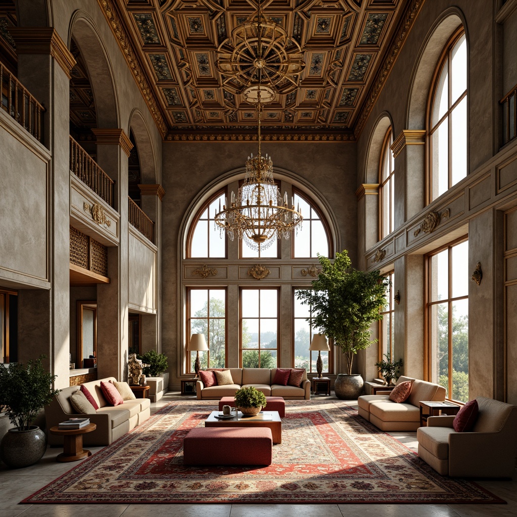 Prompt: Vaulted ceilings, ornate arches, grand chandeliers, lavish furnishings, rich textiles, intricate mosaics, golden accents, marble floors, ornamental columns, spacious open plans, high-rise windows, natural light pouring, airy atmosphere, modern Byzantine fusion, eclectic decor, vibrant colors, patterned rugs, comfortable seating areas, cozy reading nooks, warm ambient lighting, soft shadows, 1/1 composition, symmetrical framing, realistic reflections, subtle glow.