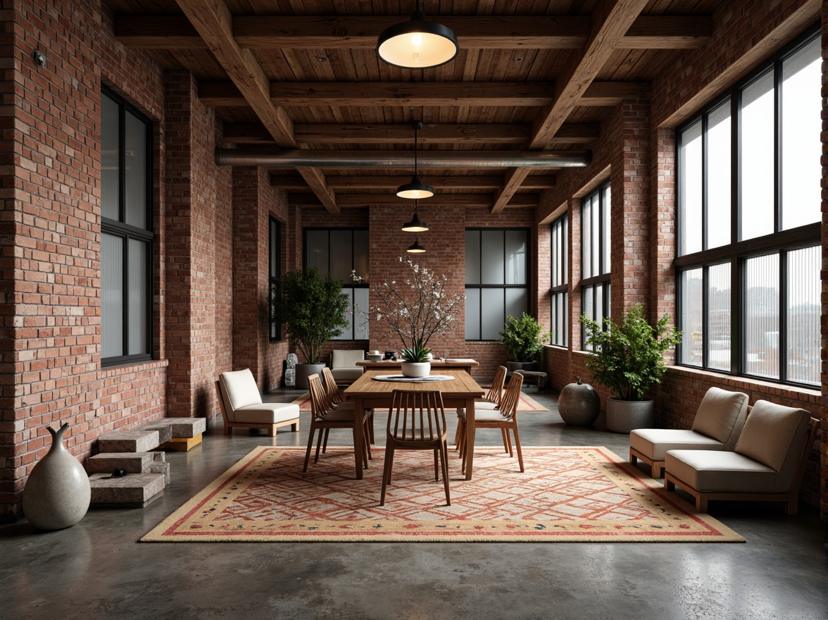 Prompt: Rustic brick walls, worn stone floors, distressed wooden accents, metallic grids, transparent glass panels, reflective steel surfaces, rough concrete textures, vibrant tile mosaics, natural fiber rugs, organic reclaimed wood, industrial metal beams, geometric patterned fabrics, soft ambient lighting, shallow depth of field, 3/4 composition, panoramic view, realistic materials, detailed normal maps.