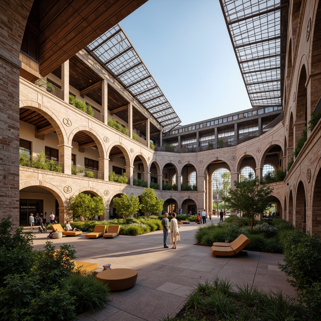 Prompt: Ancient Roman-inspired sports stadium, ornate arches, rustic stone walls, grandiose columns, vibrant greenery, intricate mosaics, curved lines, dynamic shapes, modern athletic facilities, sleek metallic accents, transparent glass roofs, natural light flooding, warm golden lighting, shallow depth of field, 3/4 composition, panoramic view, realistic textures, ambient occlusion.