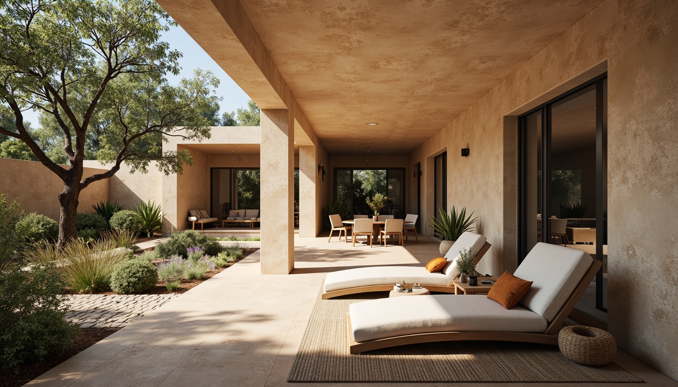 Prompt: Rustic modern villa, earthy tones, textured plastered concrete walls, natural stone accents, minimalist decor, soft warm lighting, cozy ambiance, organic shapes, curved lines, Mediterranean-inspired architecture, lush greenery, olive trees, cobbled pathways, sun-kissed courtyards, shallow depth of field, 1/2 composition, realistic textures.