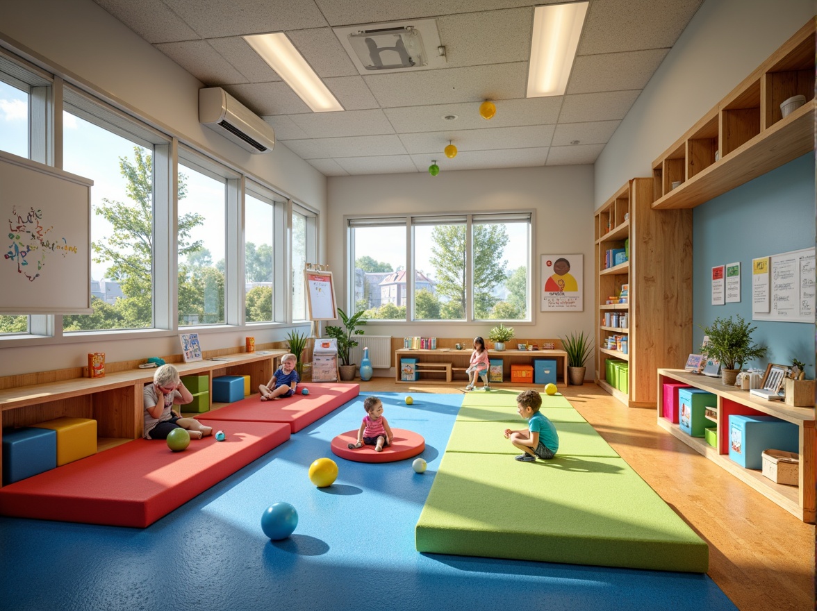 Prompt: Vibrant kindergarten, playful ball pits, soft padded flooring, educational wall murals, interactive whiteboards, colorful modular furniture, cozy reading nooks, collaborative workstations, stimulating sensory play areas, natural light-filled classrooms, flexible seating arrangements, engaging digital displays, immersive learning environments, gentle ambient lighting, shallow depth of field, 1/2 composition, realistic textures, ambient occlusion.