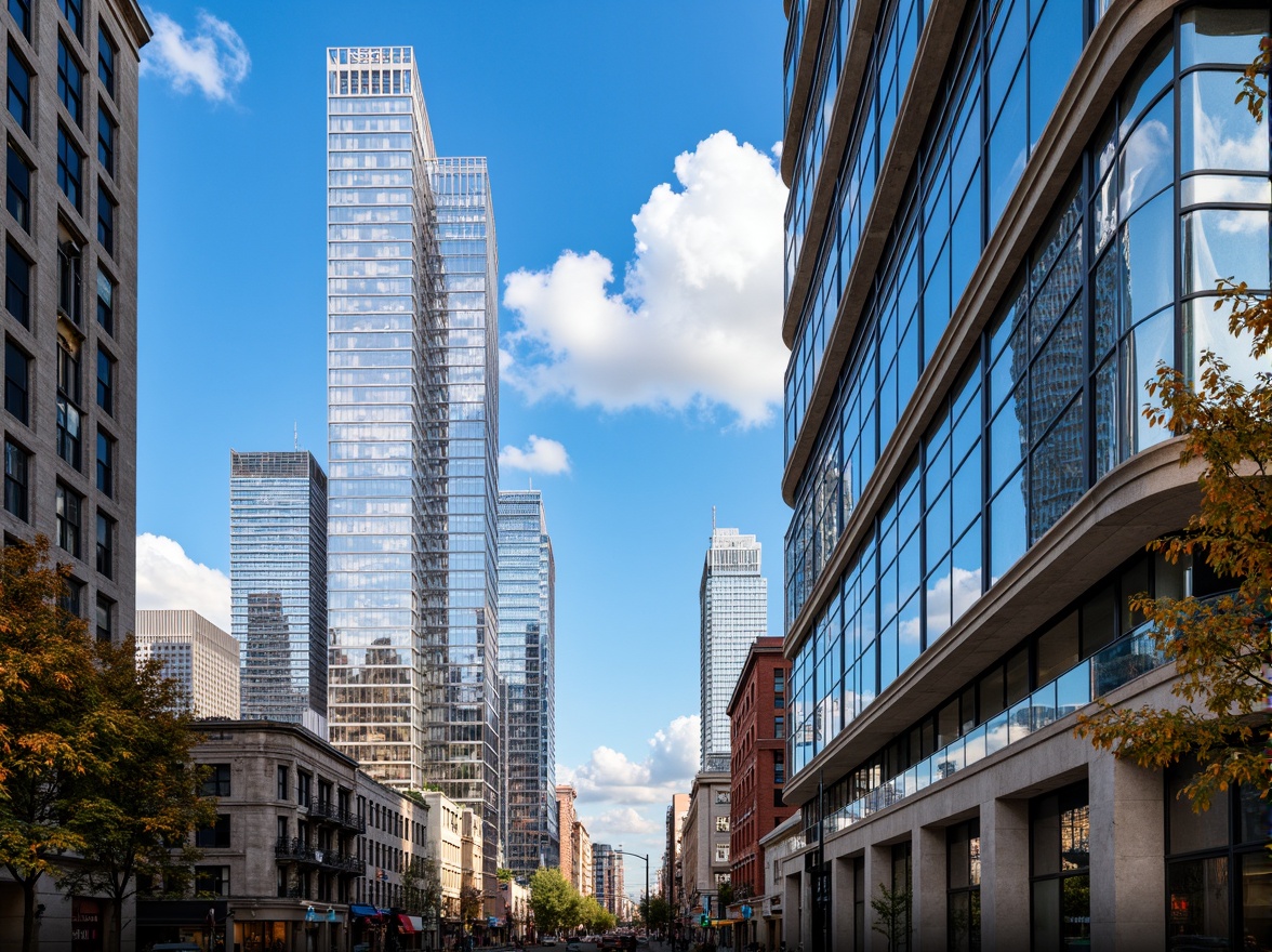 Prompt: Glass skyscraper, sleek modern architecture, urban cityscape, sunny day, clear blue sky, fluffy white clouds, vibrant neon lights, metallic reflections, concrete foundations, steel beams, glass facades, angular lines, futuristic design, urban jungle, busy streets, pedestrians, cars, streetlights, night scene, warm golden lighting, shallow depth of field, 1/1 composition, realistic textures, ambient occlusion.