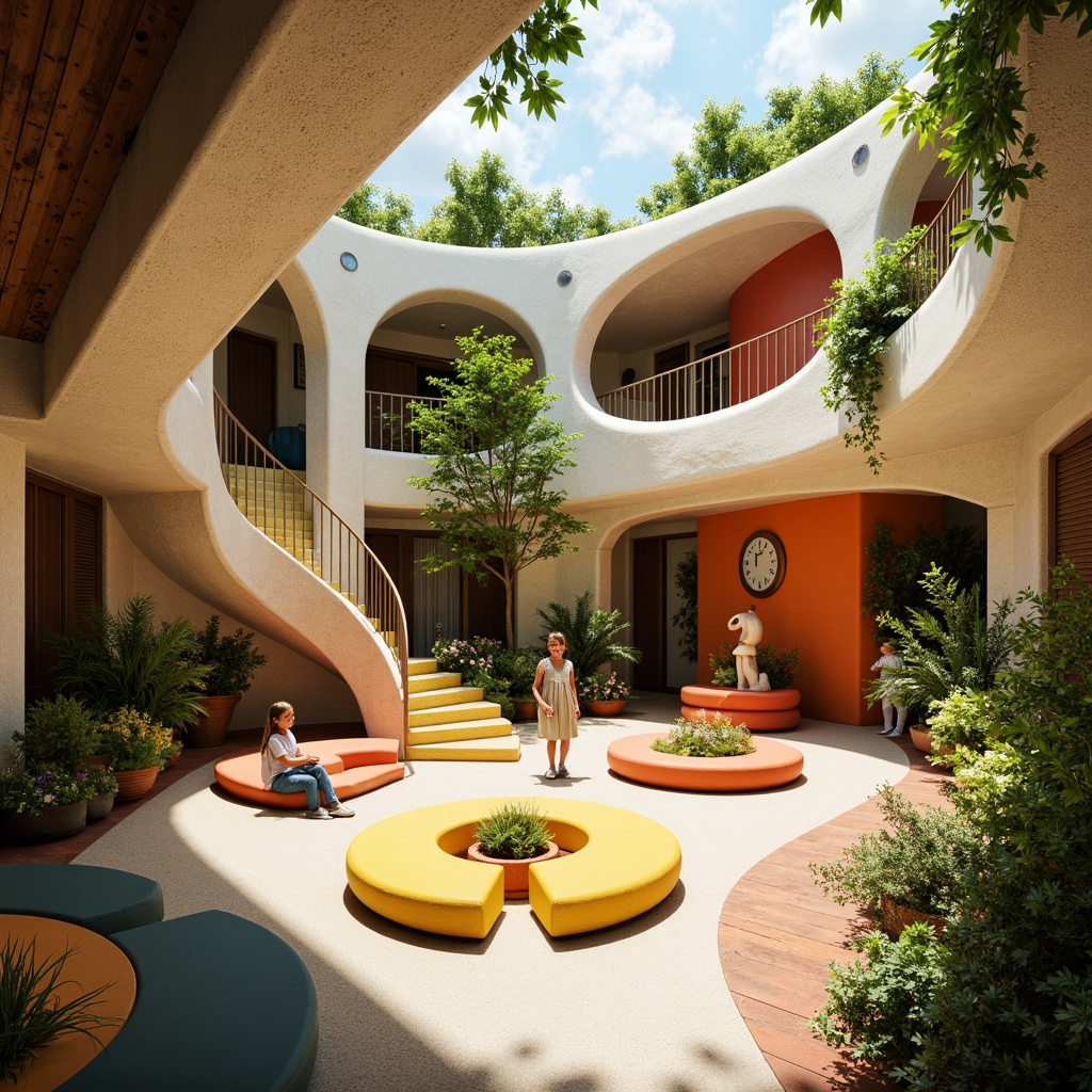 Prompt: Whimsical kindergarten, curved organic forms, vibrant color palette, playful blob-like structures, irregular shapes, wavy lines, soft rounded edges, natural materials, reclaimed wood accents, living green walls, overflowing planters, sunny atrium, warm cozy lighting, shallow depth of field, 1/1 composition, intimate focal length, realistic textures, ambient occlusion.