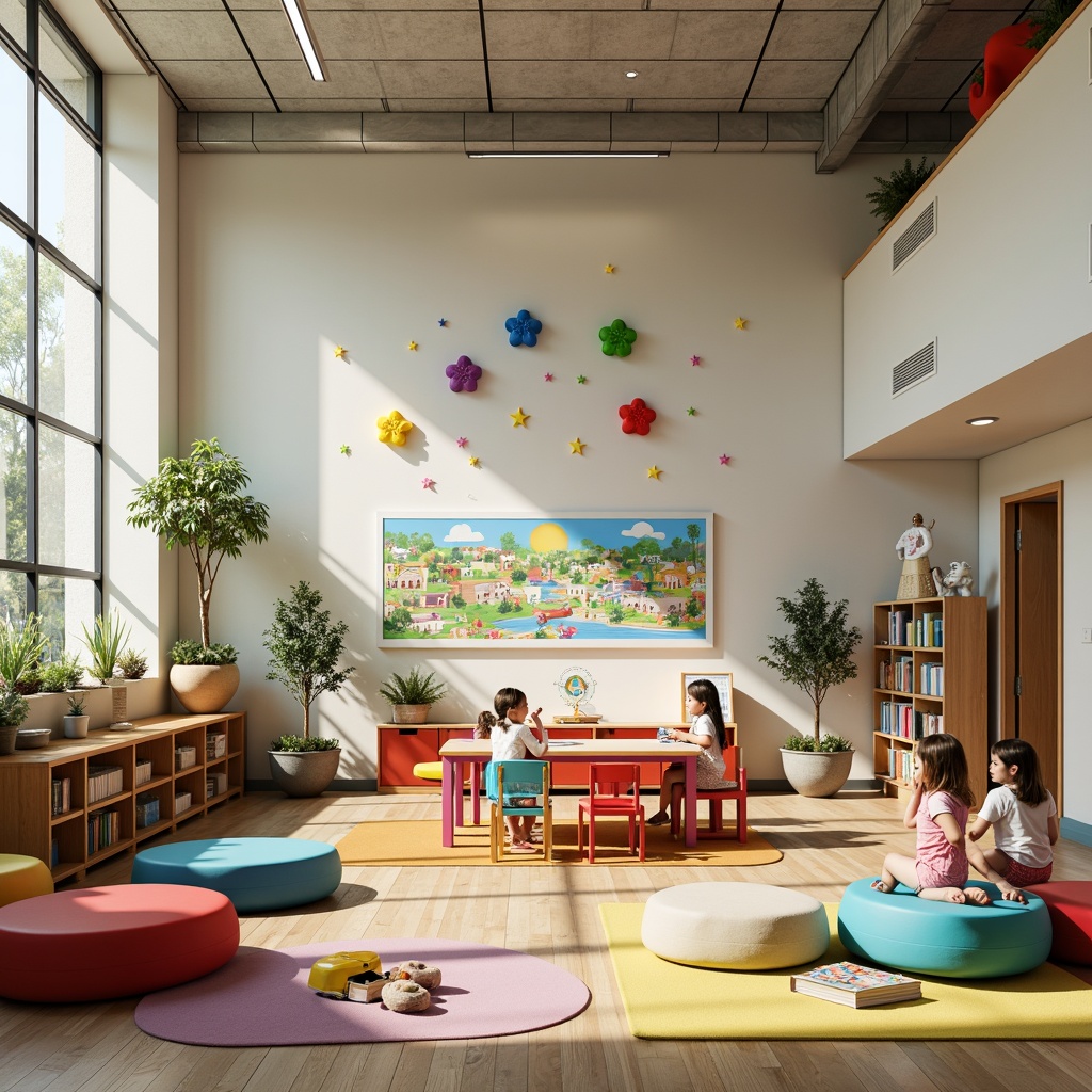 Prompt: Vibrant kindergarten, playful learning zones, colorful educational tools, interactive whiteboards, collaborative workstations, soft padded flooring, ergonomic seating, natural light-filled classrooms, whimsical wall murals, 3D shape installations, immersive storytelling areas, sensory exploration corners, adaptive technology integrations, accessible play structures, gentle ambient lighting, shallow depth of field, 1/1 composition, realistic textures, ambient occlusion.