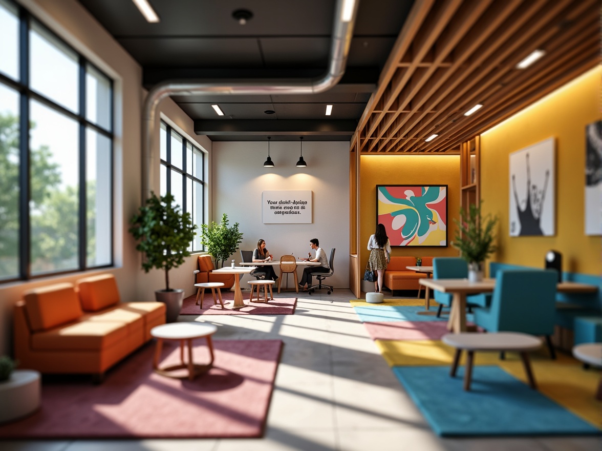 Prompt: Vibrant modern office space, warm natural lighting, rich wood accents, sleek metal furniture, bold bright colors, pastel hues, neutral backgrounds, contrasting textures, 3D geometric patterns, abstract artwork, minimalist decor, ergonomic chairs, collaborative workstations, inspirational quotes, motivational posters, calming atmosphere, soft focus blur, shallow depth of field, 1/2 composition.