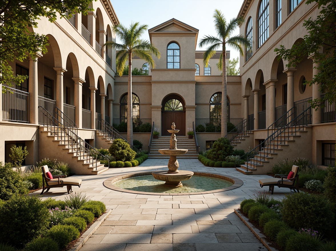 Prompt: Elegant courtyard, symmetrical fountains, lush greenery, ornate statues, grand staircases, Corinthian columns, arched windows, rustic stone walls, soft warm lighting, shallow depth of field, 1/2 composition, panoramic view, realistic textures, ambient occlusion, serene atmosphere, vintage outdoor furniture, intricate ironwork, classic garden benches, meandering walkways, ornamental flowerbeds, topiary designs, classical sculptures, natural stone pathways.