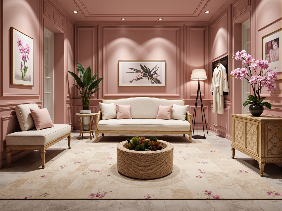 Prompt: Elegant boutique interior, soft orchid hues, pastel pink accents, creamy whites, rich wood tones, velvety fabrics, ornate gold details, subtle sheen, warm ambient lighting, shallow depth of field, 2/3 composition, intimate atmosphere, luxurious textures, natural stone flooring, delicate flower patterns.