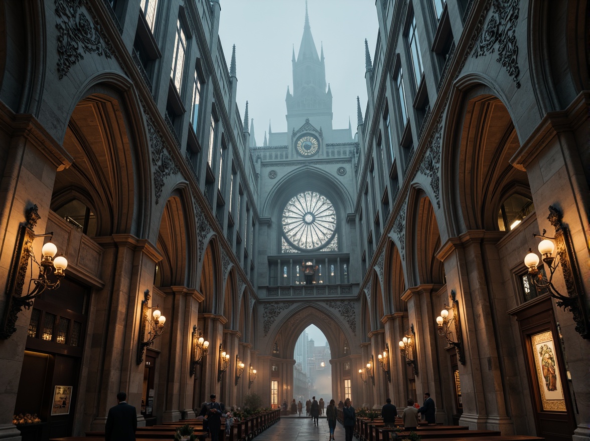 Prompt: Intricate stone carvings, grand Gothic arches, ribbed vaulted ceilings, stunning stained glass windows, ornate pinnacles, flying buttresses, dramatic spires, majestic bell towers, intricate gargoyles, mystical stone statues, atmospheric foggy mornings, warm soft lighting, high-angle shots, cinematic composition, detailed textures, ambient occlusion.