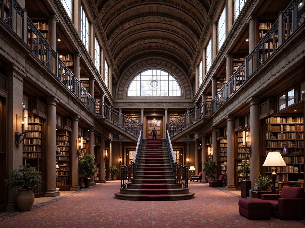 Prompt: Grandiose library facade, ornate columns, carved stone details, symmetrical architecture, imposing entrance, sweeping staircases, ornamental railings, majestic domes, grand reading rooms, richly textured carpets, dark wood paneling, elegant chandeliers, soft warm lighting, subtle color palette, 1/1 composition, realistic textures, ambient occlusion.