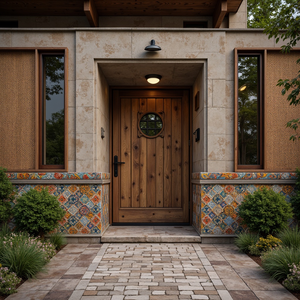 Prompt: Rustic stone walls, weathered wooden planks, distressed metal panels, rough-hewn concrete blocks, ornate ceramic tiles, intricate mosaic patterns, vibrant colorful glazes, natural fiber textiles, woven rattan screens, organic shapes, earthy color palette, warm ambient lighting, shallow depth of field, 1/2 composition, realistic reflections, ambient occlusion.