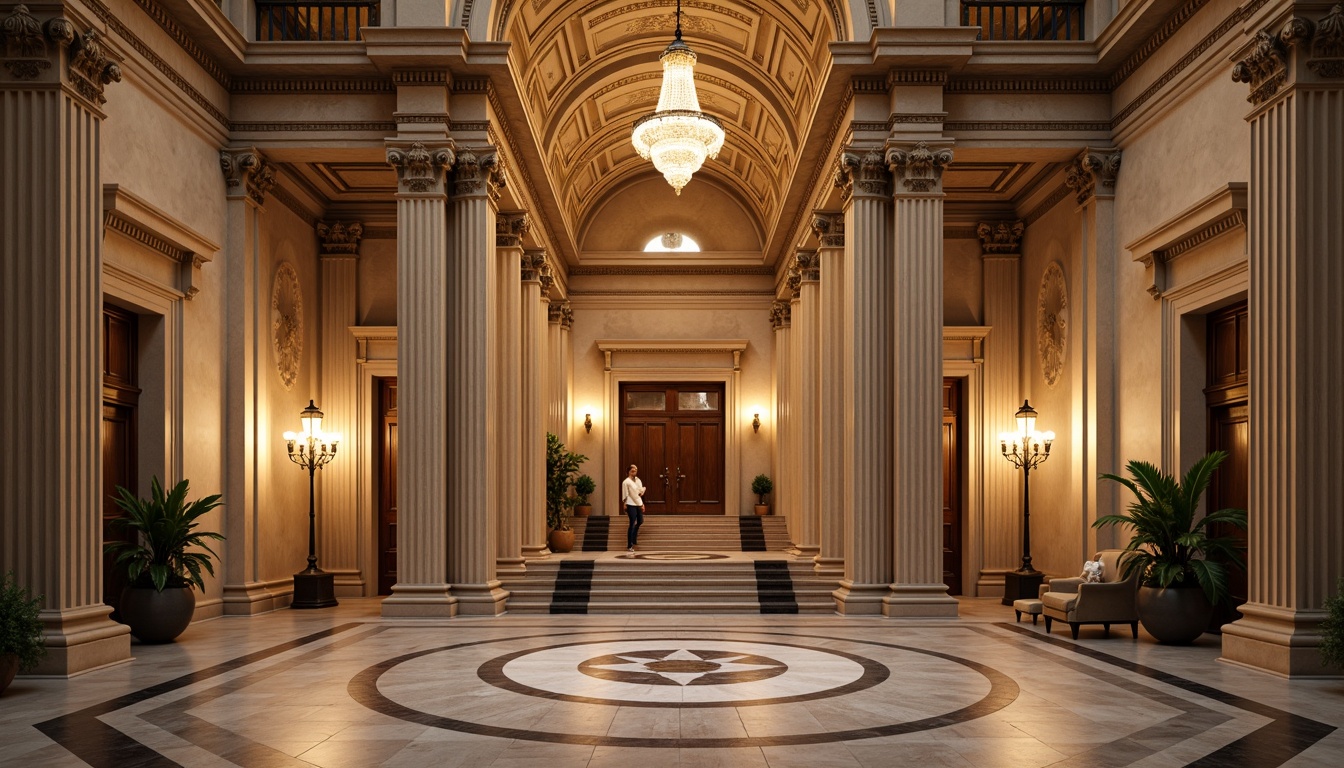 Prompt: Grandiose neoclassical building, imposing columns, ornate capitals, intricately carved details, symmetrical facade, classical proportions, stately entrance, sweeping staircase, marble floors, elegant chandeliers, refined moldings, subtle arches, dignified atmosphere, warm golden lighting, shallow depth of field, 1/1 composition, realistic textures, ambient occlusion.