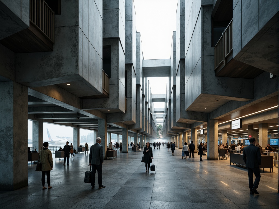 Prompt: Exposed concrete structures, rugged aggregate textures, brutalist architecture, industrial materials, raw steel beams, distressed metal surfaces, weathered wooden accents, tactile stone walls, cold grey tones, dramatic lighting effects, deep shadows, 3/4 composition, low-angle shot, realistic renderings, ambient occlusion, atmospheric mist, busy airport atmosphere, traveler silhouettes, luggage carts, check-in counters, departure boards.