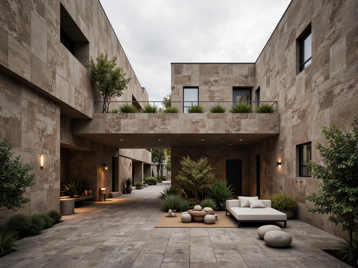 Prompt: Rustic textured walls, plastered concrete finish, earthy color palette, organic forms, natural stone accents, industrial chic aesthetic, modern brutalist architecture, urban cityscape, overcast sky, dramatic shadows, high-contrast lighting, shallow depth of field, 1/1 composition, realistic textures, ambient occlusion.