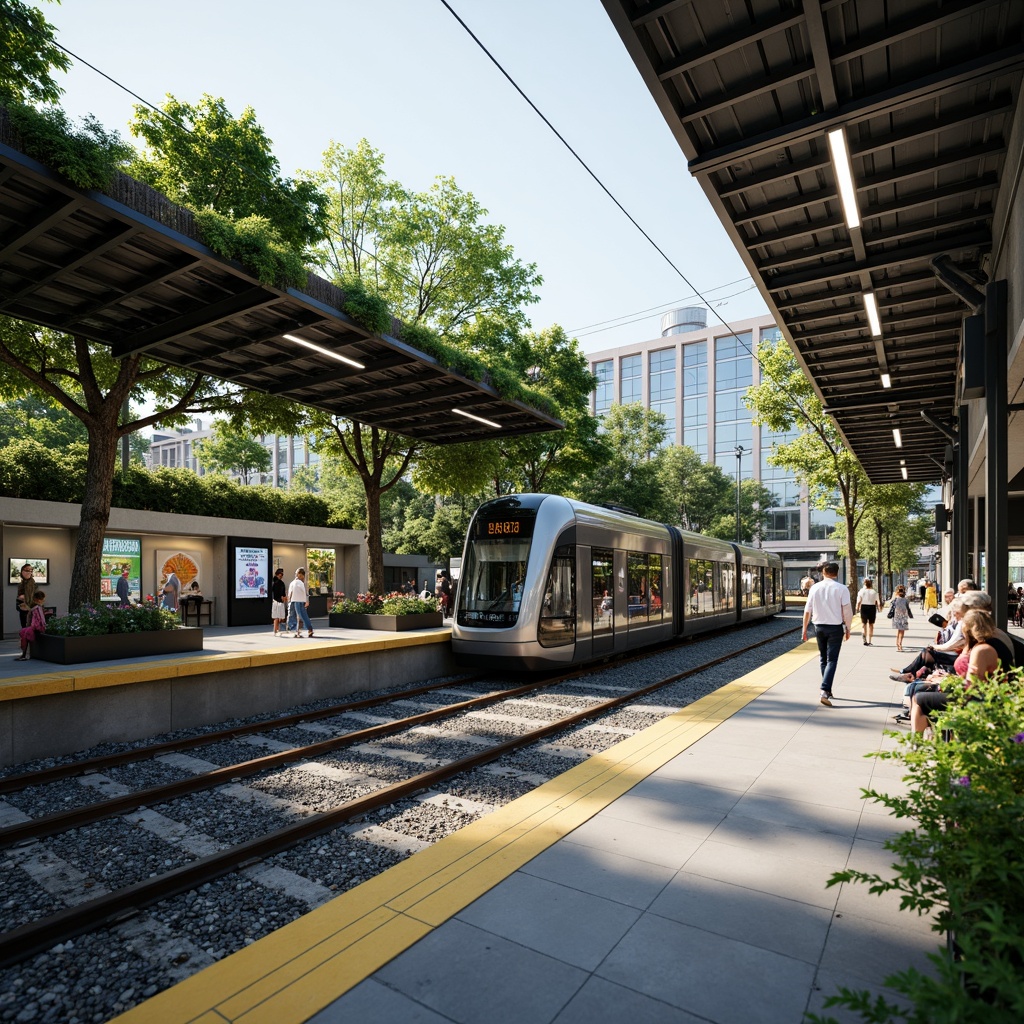 Prompt: Eco-friendly tram station, green roofs, solar panels, rainwater harvesting systems, natural ventilation, living walls, urban forestry, modern architecture, sleek metal structures, energy-efficient lighting, recycled materials, minimalist design, spacious platforms, comfortable seating areas, real-time passenger information displays, vibrant public art installations, dynamic LED lighting, shallow depth of field, 3/4 composition, panoramic view, realistic textures, ambient occlusion.