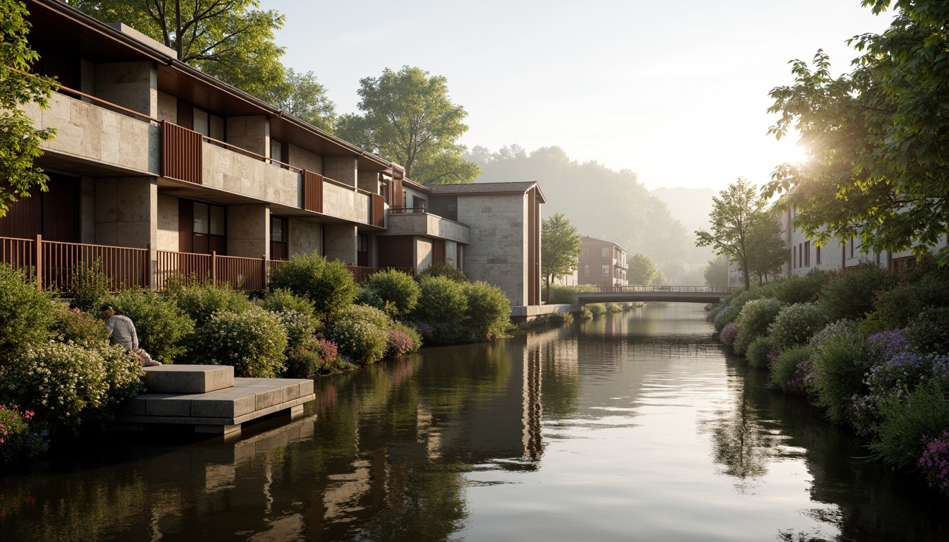 Prompt: Riverbank buildings, natural stone facades, wooden docks, rusty metal accents, earthy tones, moss-covered walls, serene water reflections, lush greenery, vibrant flowers, warm sunlight, soft misty atmosphere, shallow depth of field, 1/2 composition, realistic textures, ambient occlusion, tranquil ambiance.