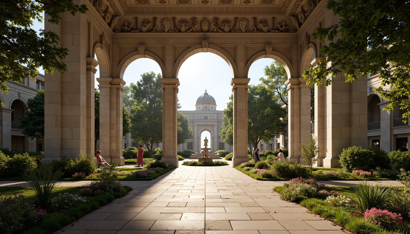 Prompt: Grandiose library entrance, ornate stone columns, intricately carved architraves, lush greenery, vibrant flowers, manicured lawns, walking paths, elegant fountains, classical statues, symmetrical landscaping, majestic trees, serene atmosphere, soft warm lighting, shallow depth of field, 3/4 composition, panoramic view, realistic textures, ambient occlusion.