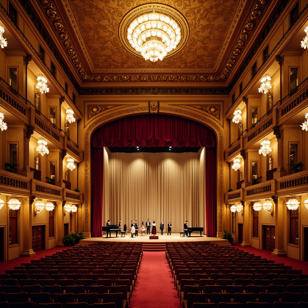 Prompt: Elegant concert hall, ornate chandeliers, rich wood paneling, velvet curtains, grand pianos, intricate moldings, gilded frames, luxurious seating, red carpeting, ornamental columns, classical statues, symmetrical layout, central performance stage, professional lighting rigs, warm golden lighting, shallow depth of field, 1/1 composition, realistic textures, ambient occlusion.