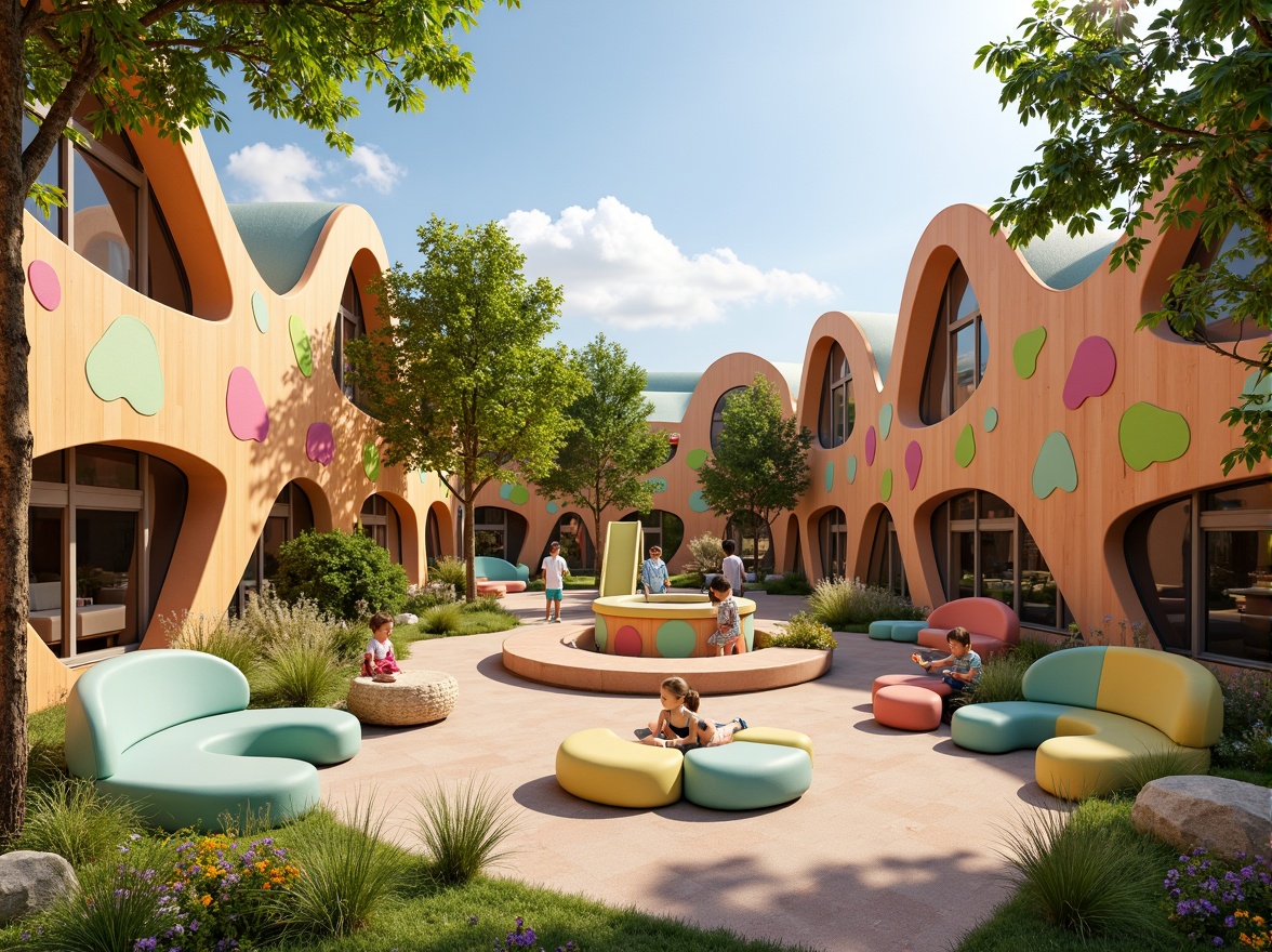 Prompt: Whimsical kindergarten playground, curvaceous organic shapes, vibrant colorful blobs, soft rounded edges, natural wood accents, greenery walls, wavy roofs, irregularly shaped windows, playful interior spaces, cozy reading nooks, flexible seating areas, educational activity zones, collaborative learning environments, warm sunny lighting, shallow depth of field, 1/1 composition, intimate close-ups, realistic textures, ambient occlusion.