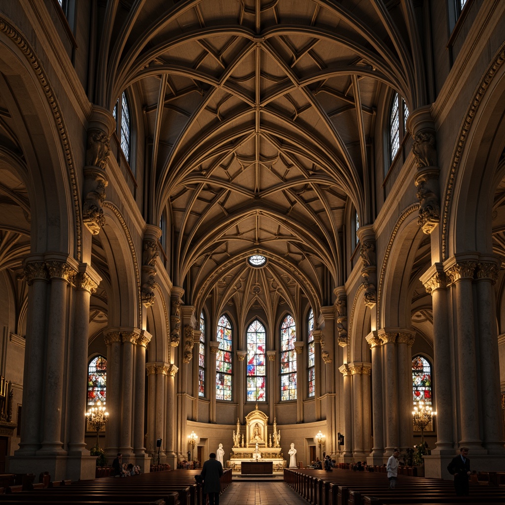 Prompt: Ornate stone carvings, pointed arches, ribbed vaults, flying buttresses, stained glass windows, intricate tracery, delicate lacework, ornamental gargoyles, mystical symbols, grand cathedral interiors, dimly lit chapels, warm golden lighting, dramatic shadows, high-angle shot, cinematic composition, rich textures, atmospheric fog.