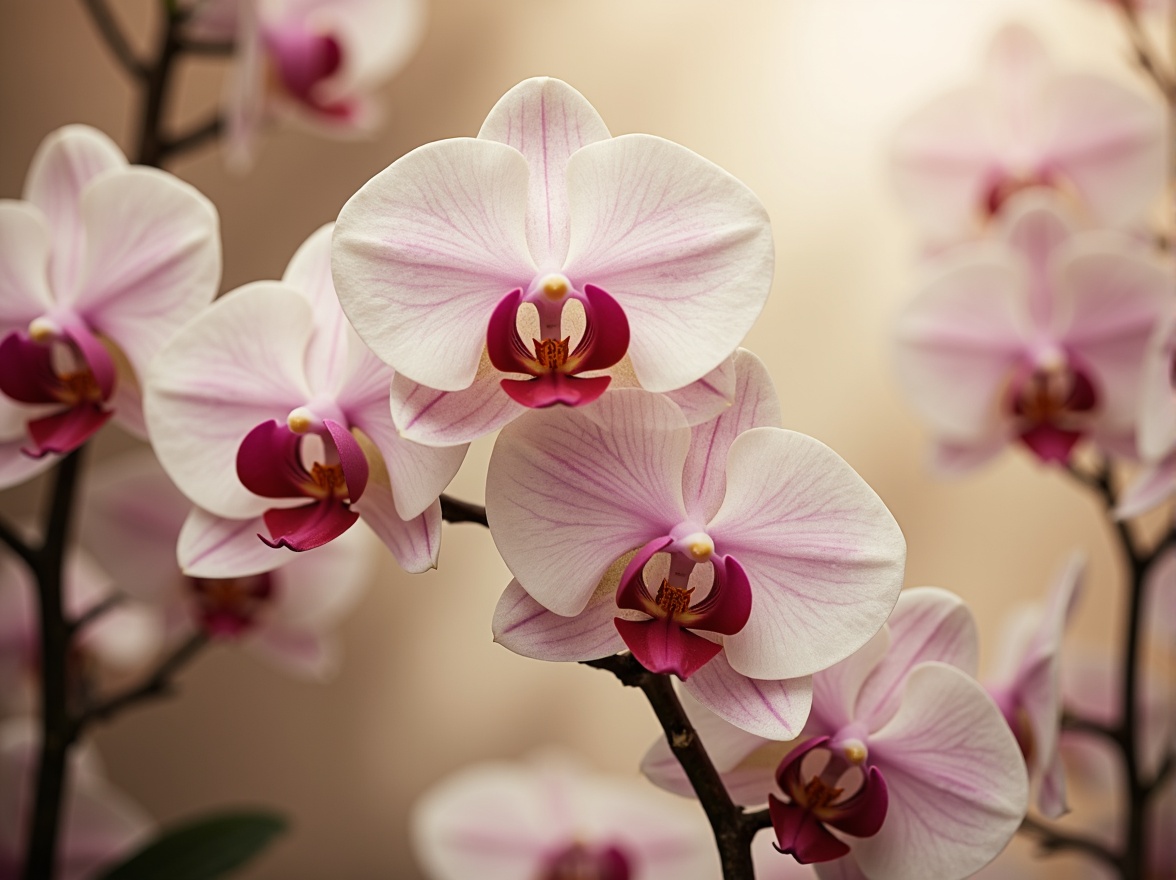 Prompt: Luxuriant orchid flowers, delicate petals, soft pastel hues, creamy whites, rich berry tones, velvety textures, subtle sheen, elegant curves, sophisticated modern design, minimalist spaces, warm ambient lighting, shallow depth of field, 1/2 composition, panoramic view, realistic renderings, ambient occlusion.